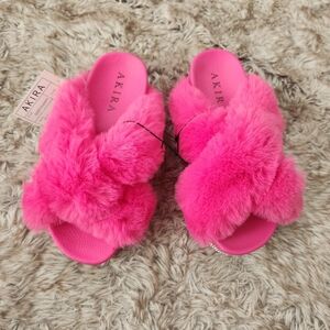 Akira Goofy Slides Faux Fur Fuchsia Pink Silver Rhinestone Soles Women's‎ Size 7